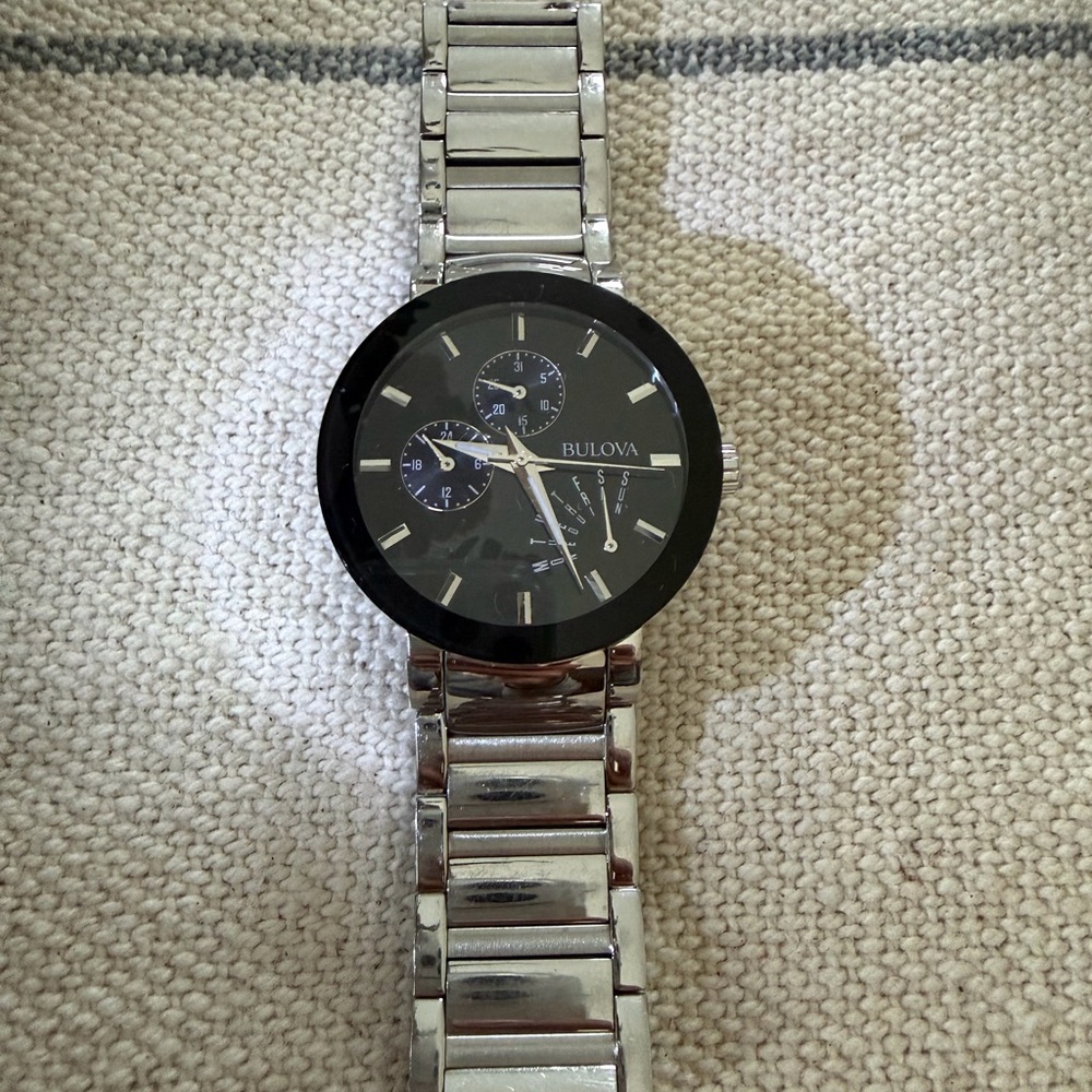 Bulova Silver Watch with Black Dial